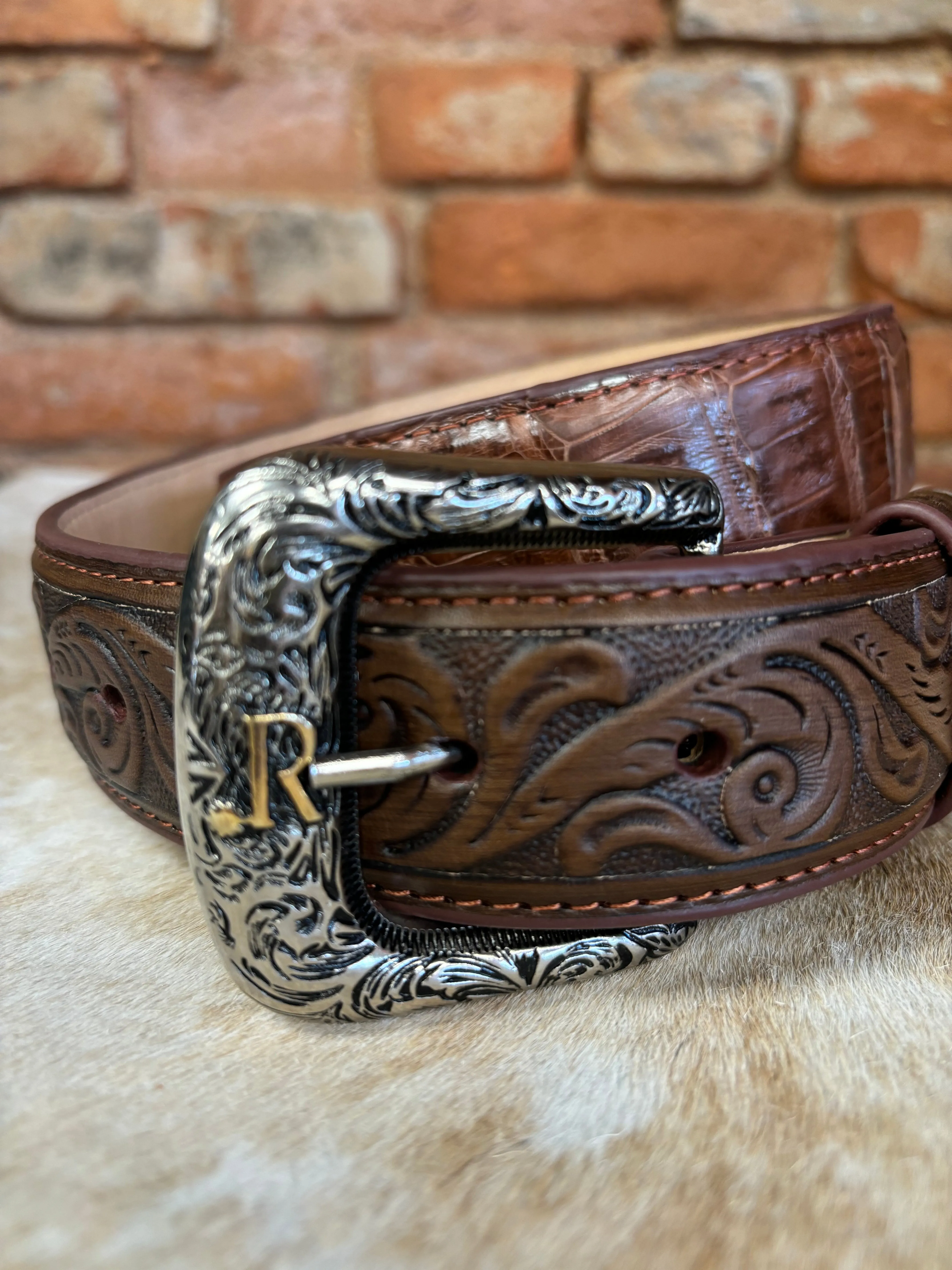 R. Watson Men's Tobacco Glazed Caiman with Brown Tanned Billets Western Belt RWB2309