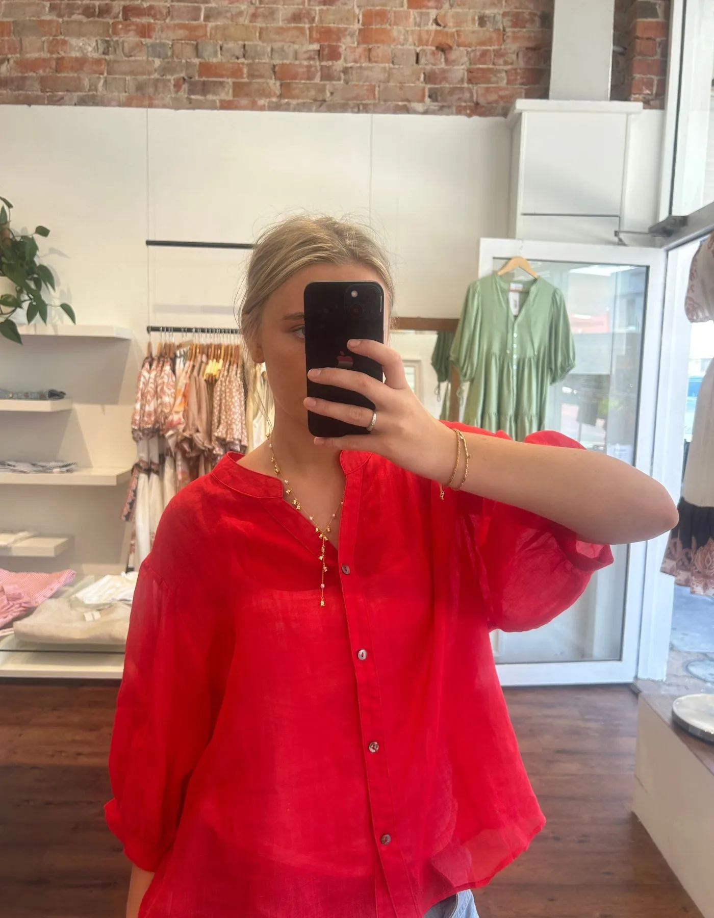 River Button Down Collarless Sheer Linen Shirt in Red