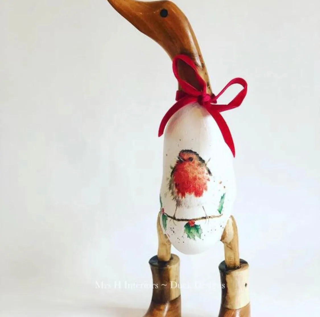 Robin red breast - Decorated Wooden Duck in Boots by Mrs H the Duck Lady