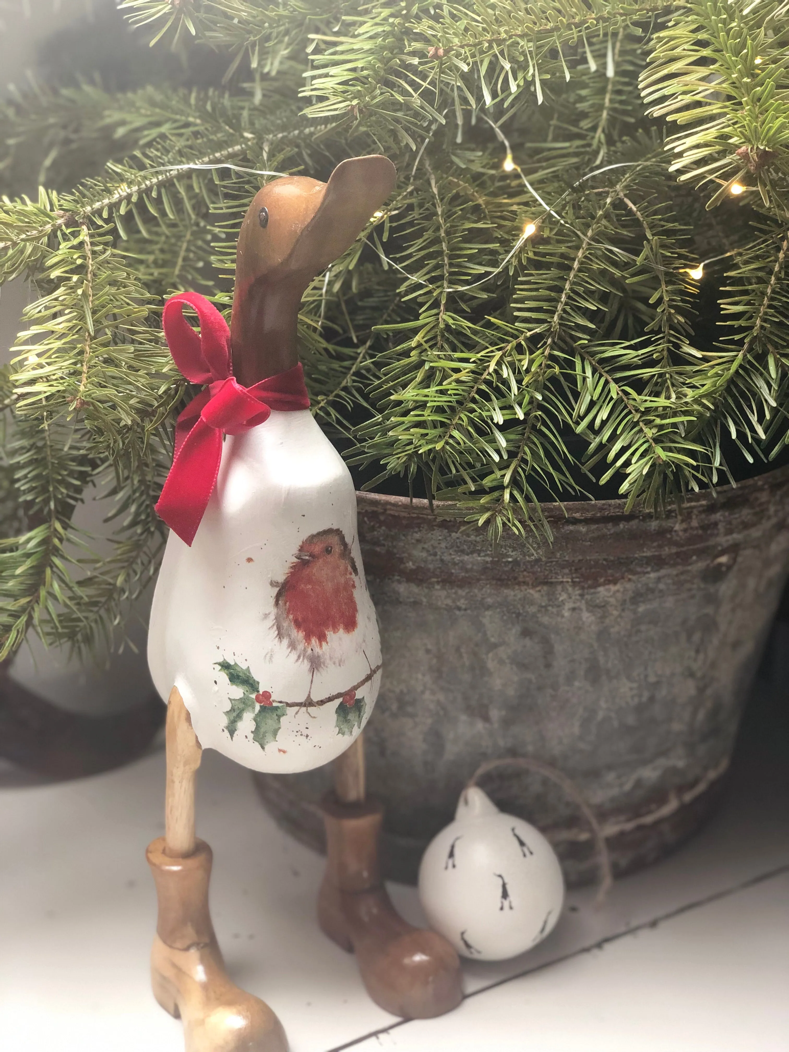 Robin red breast - Decorated Wooden Duck in Boots by Mrs H the Duck Lady