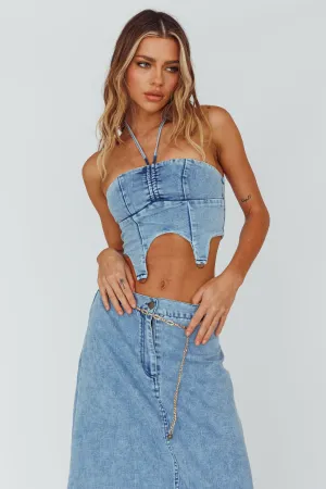 Romcom Halterneck Crop Top Denim Blue