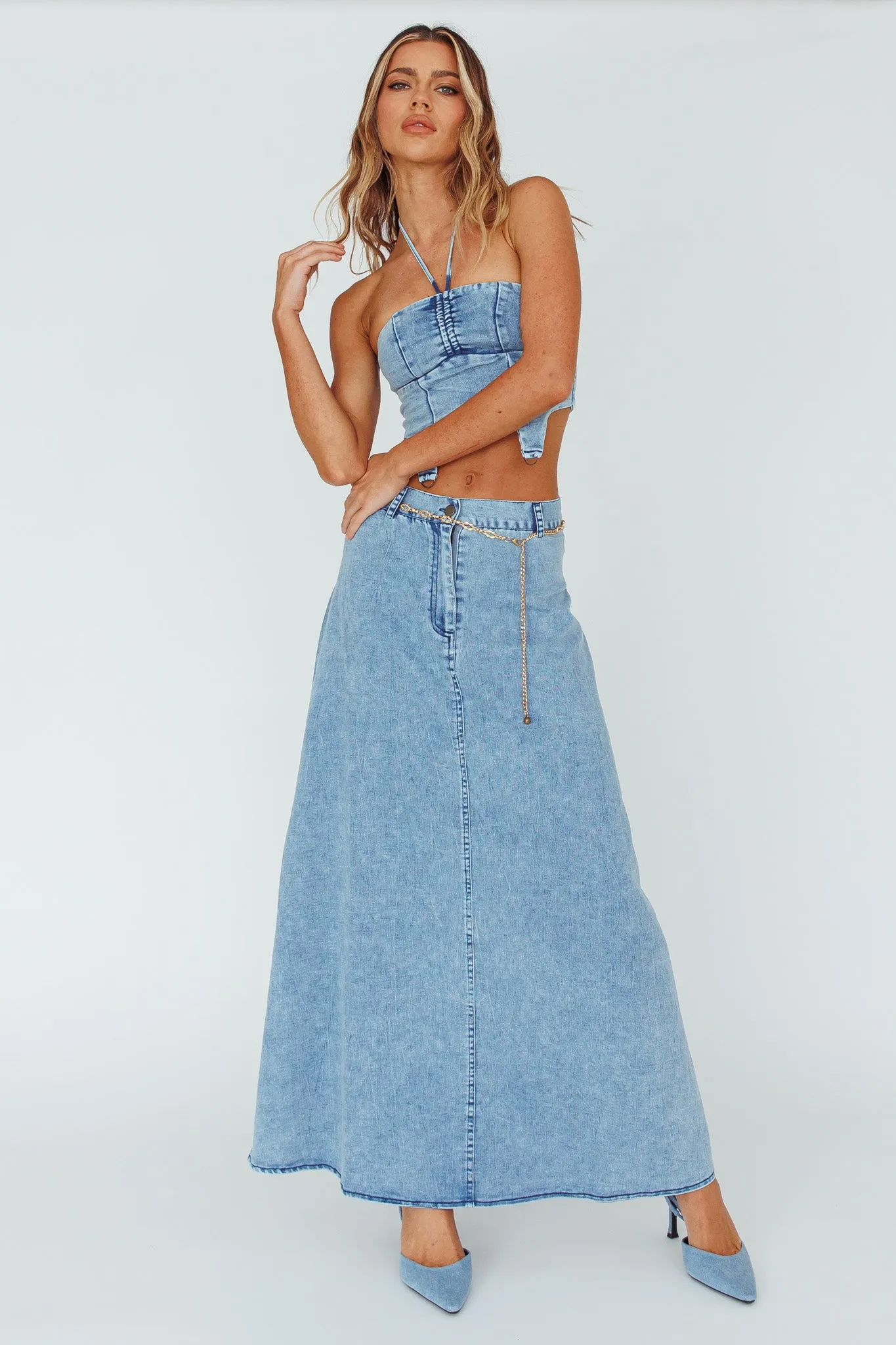 Romcom Halterneck Crop Top Denim Blue