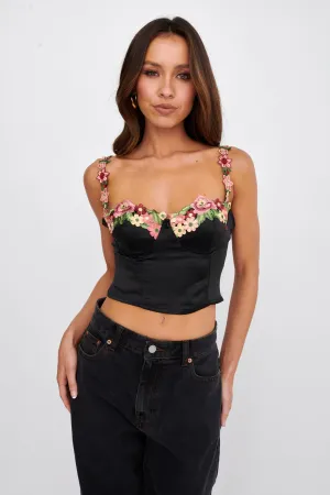 Rose Garden Floral Applique Crop Top Black