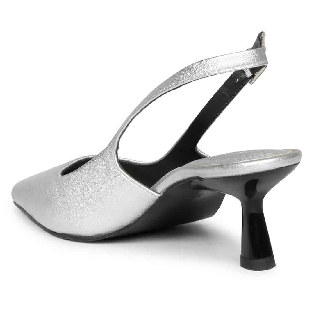 Saint Cynara Silver Sling Back Kitten Heels Pump