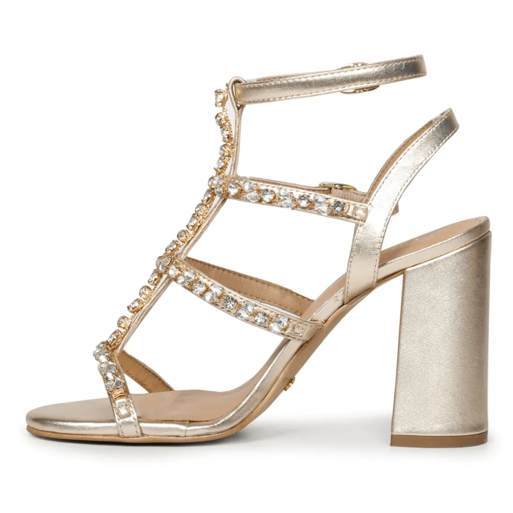 Saint Gretel Stone Embellished Gold Metallic Leather Cage Block Heels