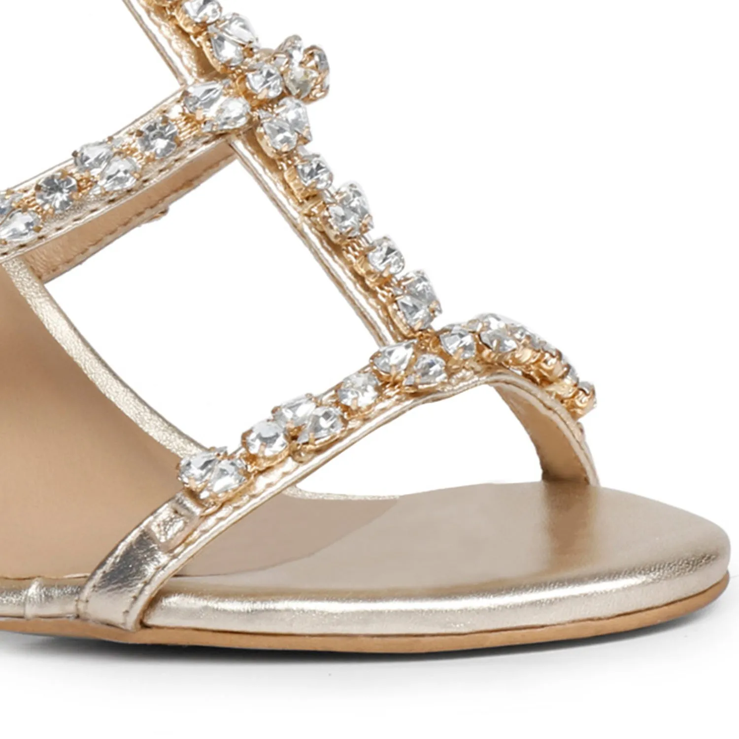 Saint Gretel Stone Embellished Gold Metallic Leather Cage Block Heels