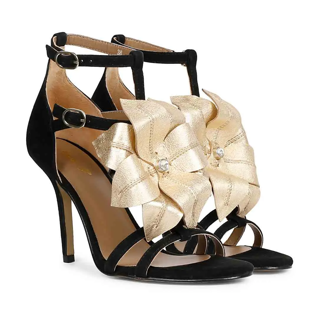 Saint Lilly Gold Flower Embellished Black Leather Stilettos