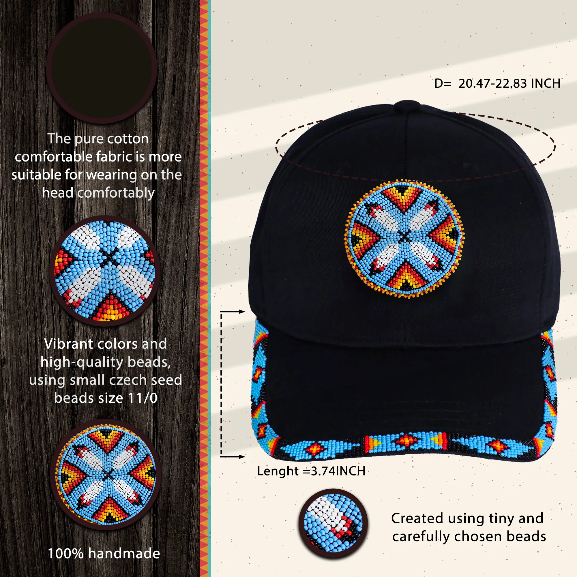 SALE 50% OFF - Cotton Unisex Baseball Cap With Beaded Patch Brim Native American Style