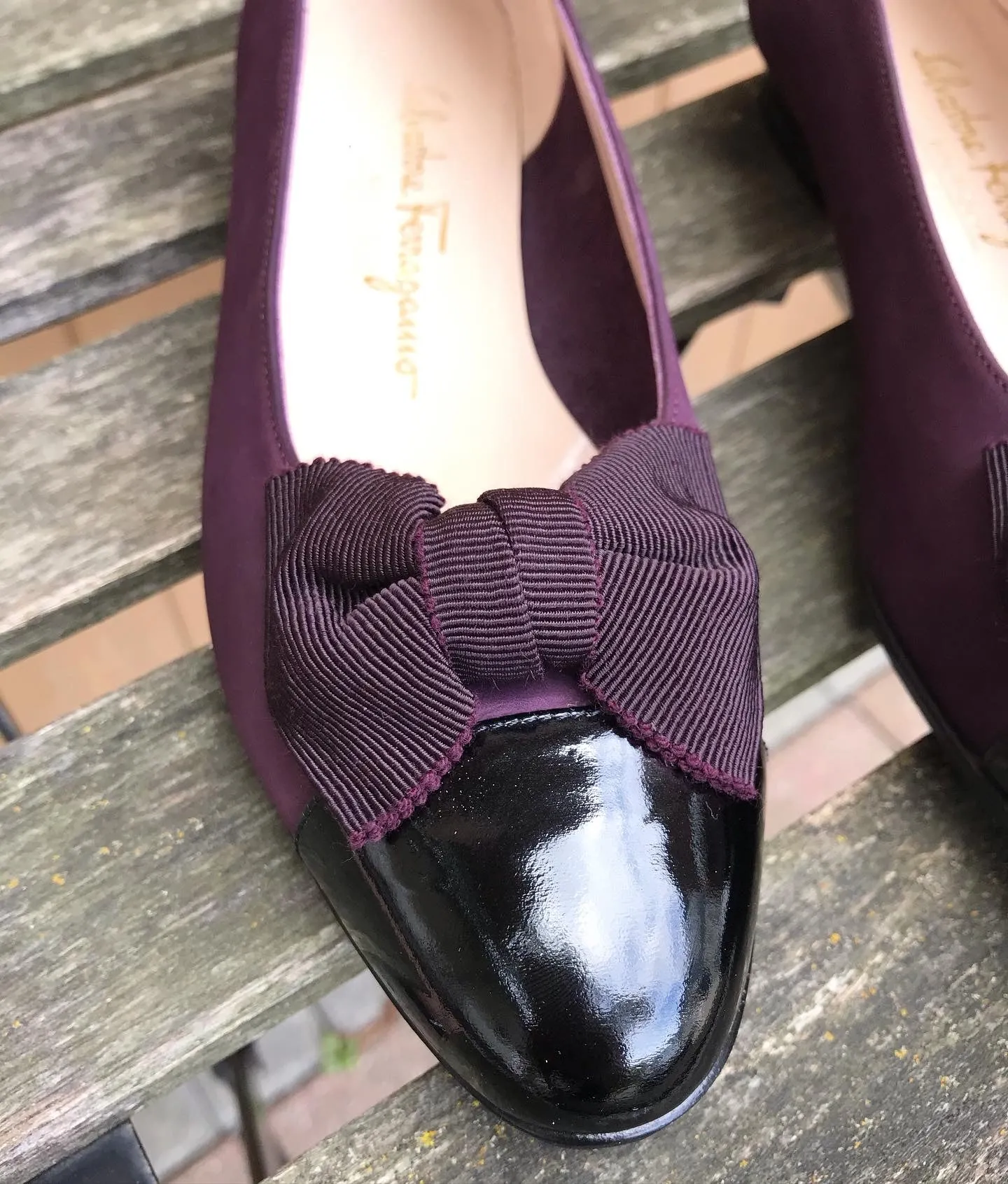 SALVATORE FERRAGAMO Patent Leather Suede Ballet Flats