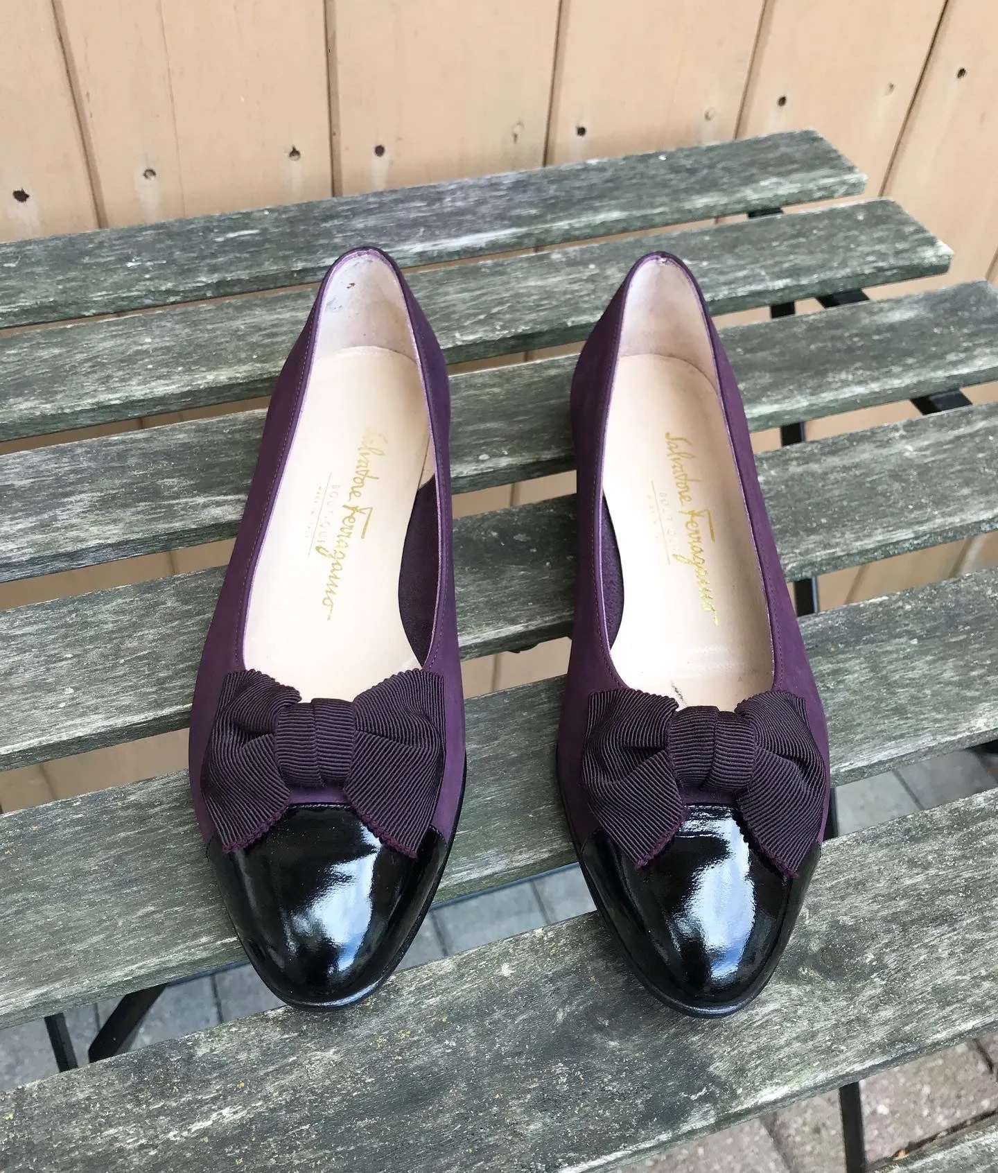 SALVATORE FERRAGAMO Patent Leather Suede Ballet Flats