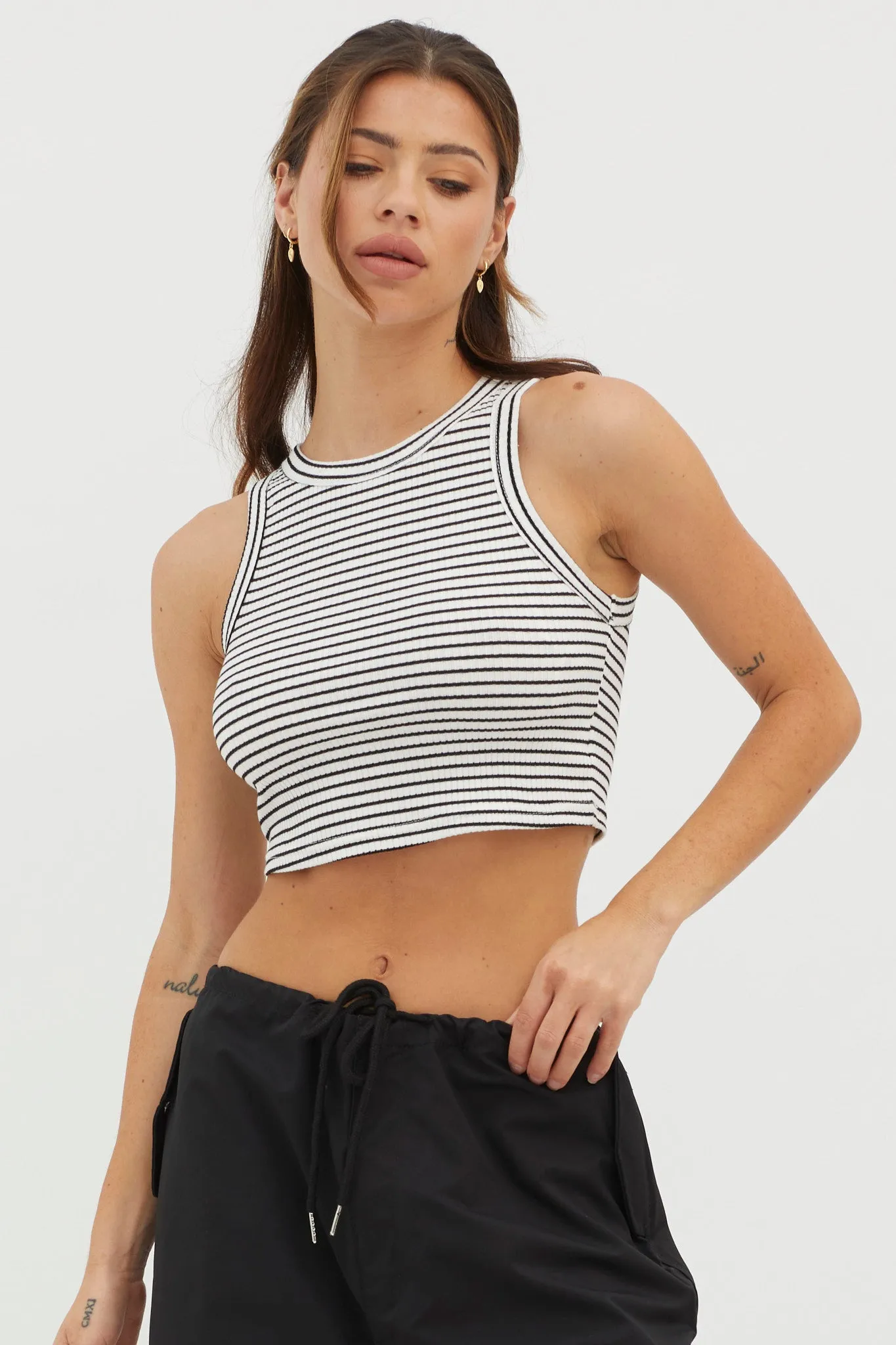 Seeker Ribbed Crop Top Striped White Base