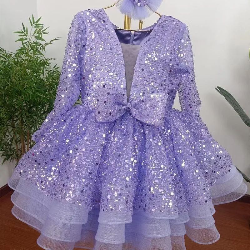 Sequined deep V Dress Girl's birthday Party Princess dress 9M-12Yrs