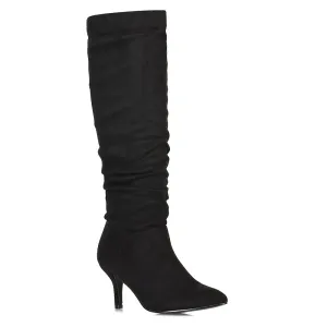 Sian Pointed Toe Knee High Ruched Stiletto High Heeled Boots in Black Faux Suede