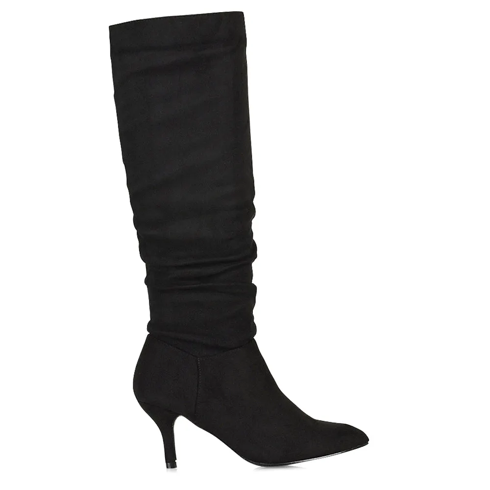 Sian Pointed Toe Knee High Ruched Stiletto High Heeled Boots in Black Faux Suede