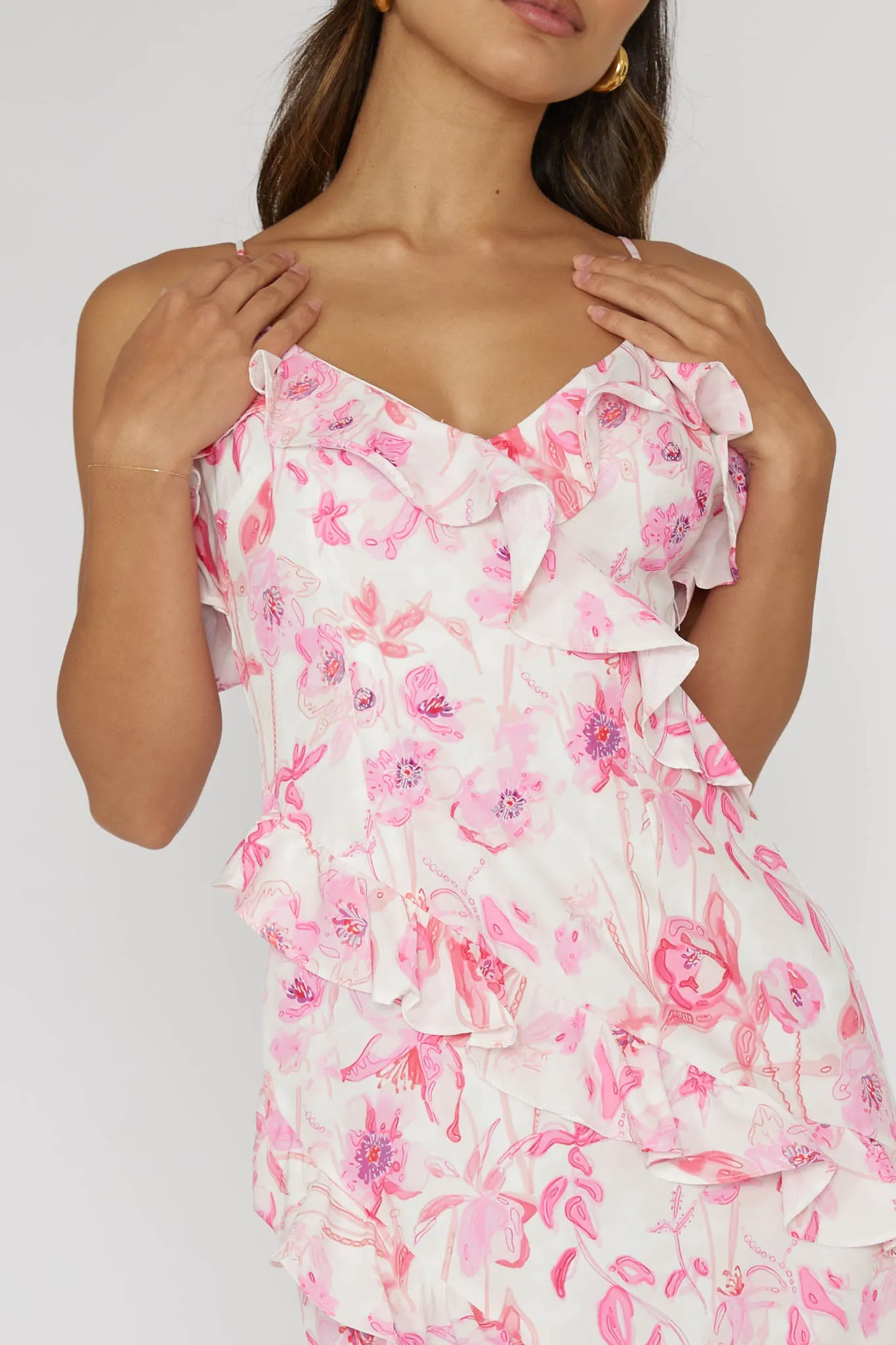 Silvana Frill Trim Midi Dress Floral Pink