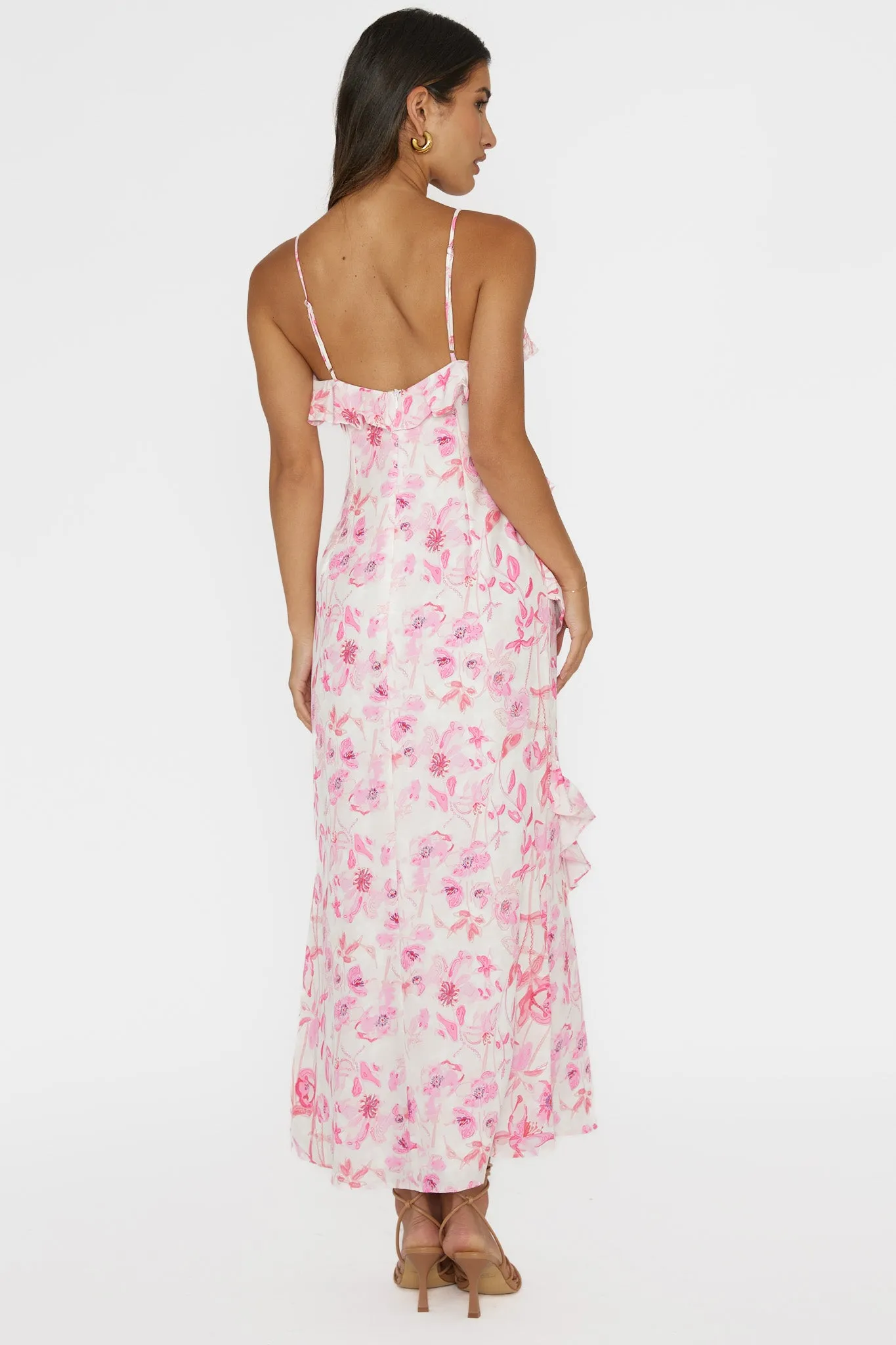 Silvana Frill Trim Midi Dress Floral Pink