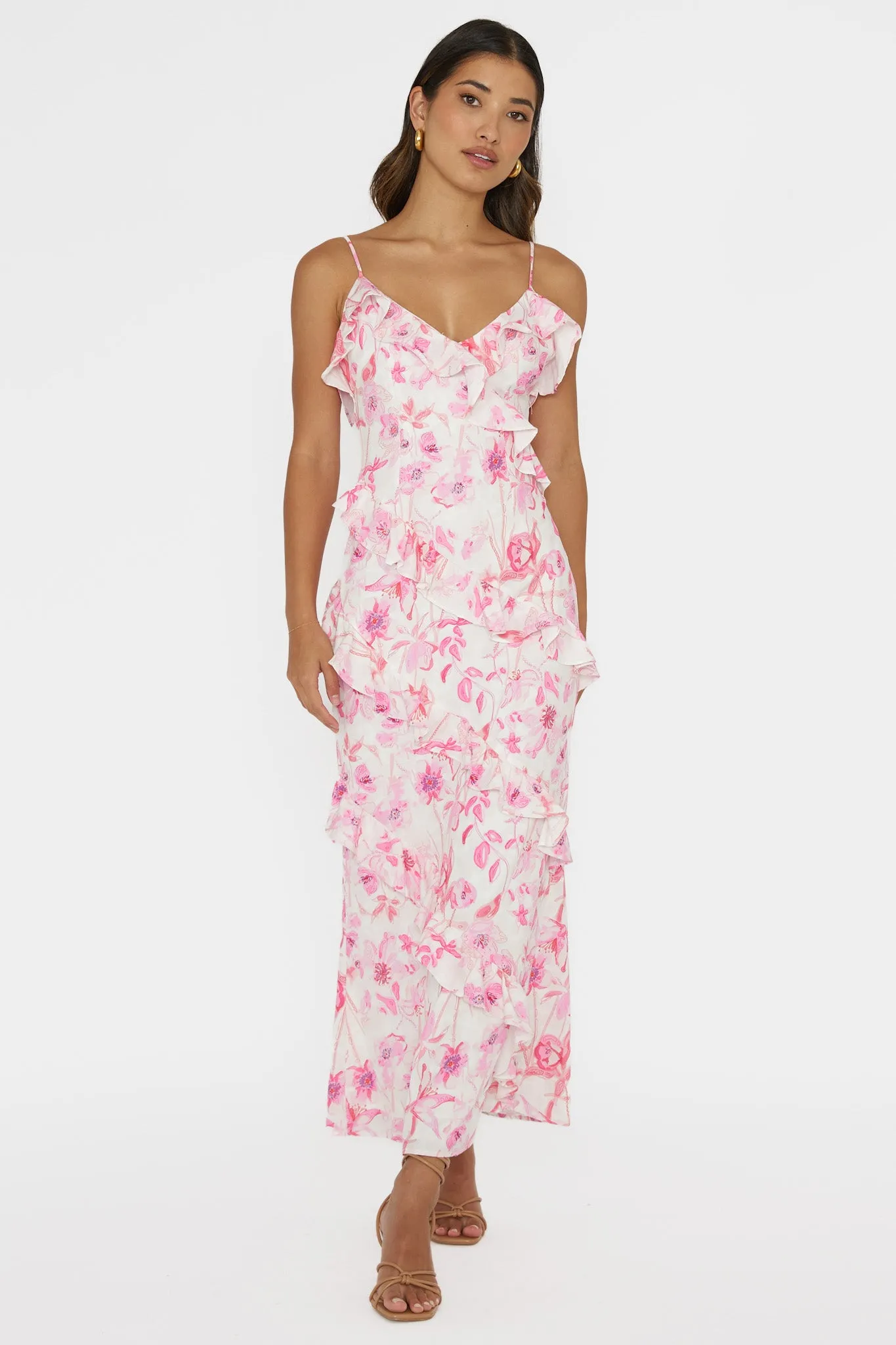 Silvana Frill Trim Midi Dress Floral Pink