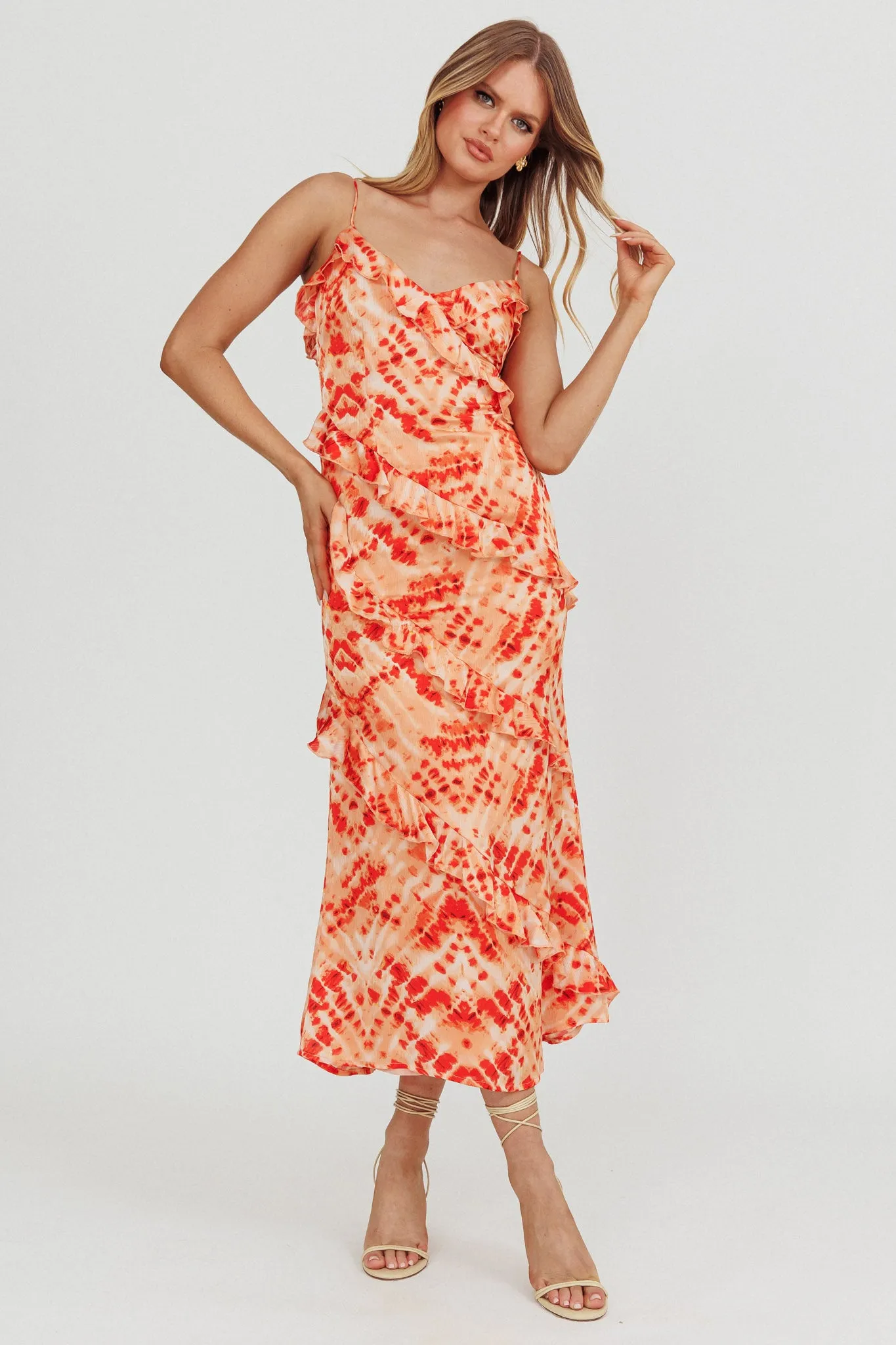 Silvana Frill Trim Midi Dress Orange