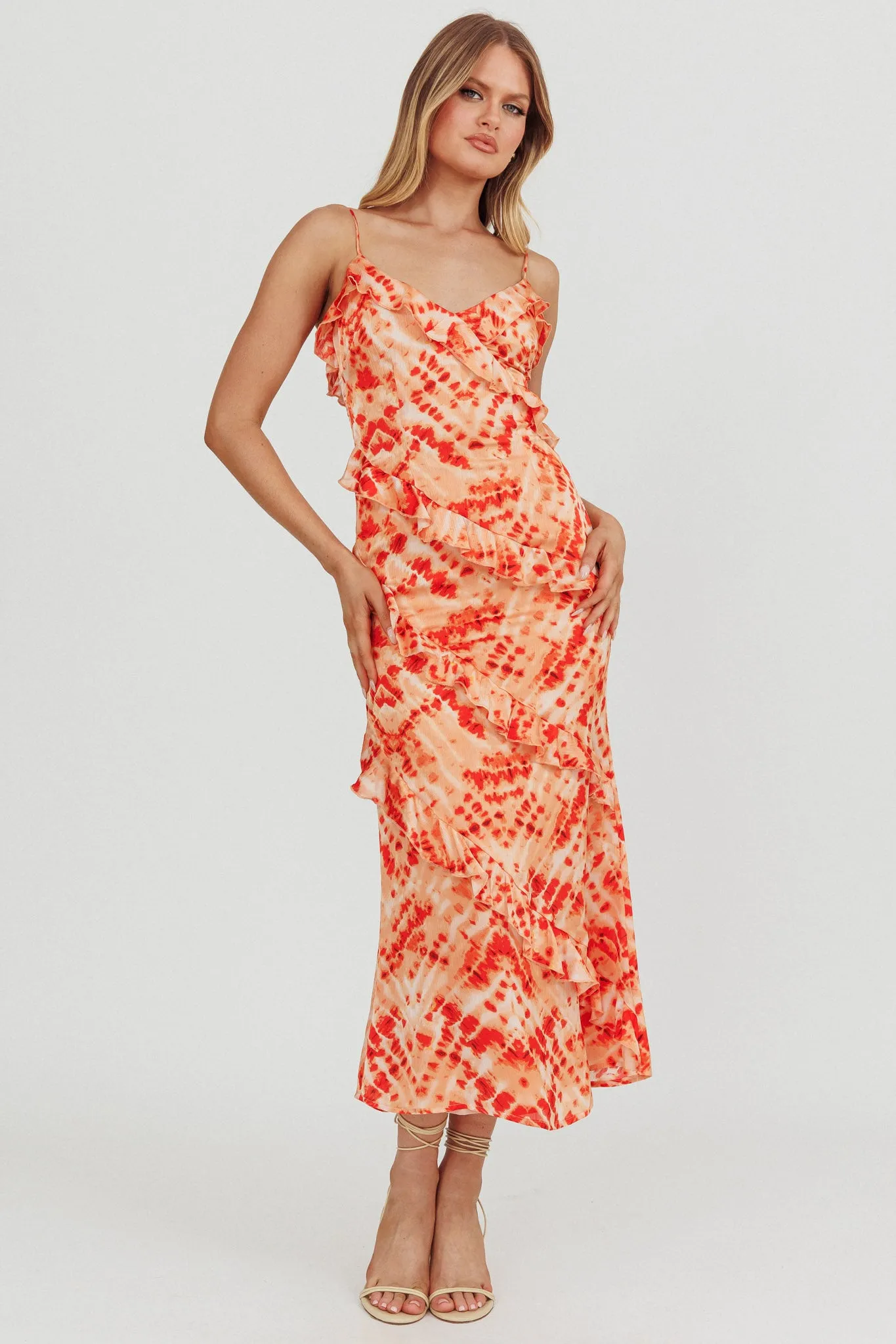 Silvana Frill Trim Midi Dress Orange