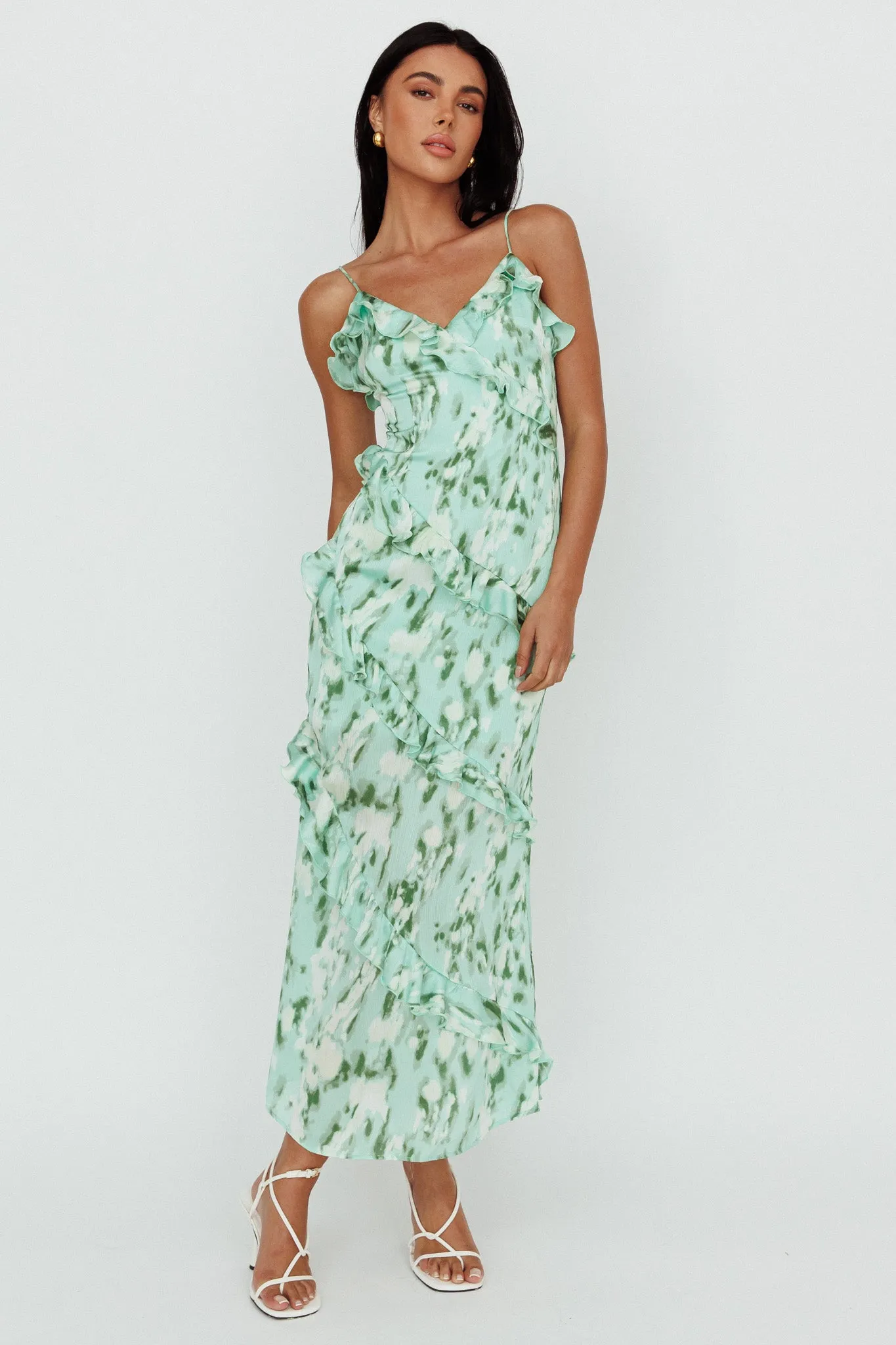 Silvana Frill Trim Midi Dress Print Green