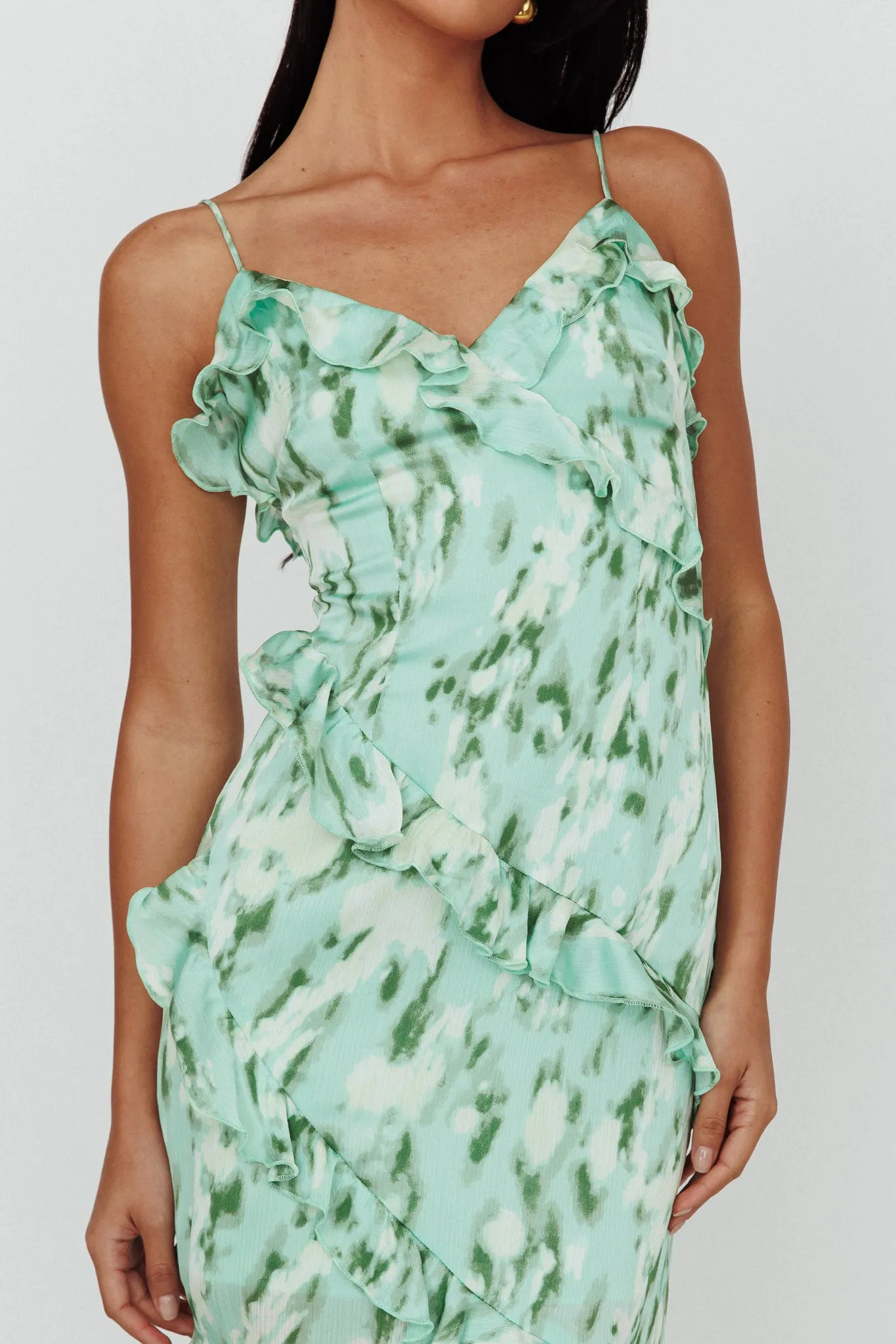 Silvana Frill Trim Midi Dress Print Green