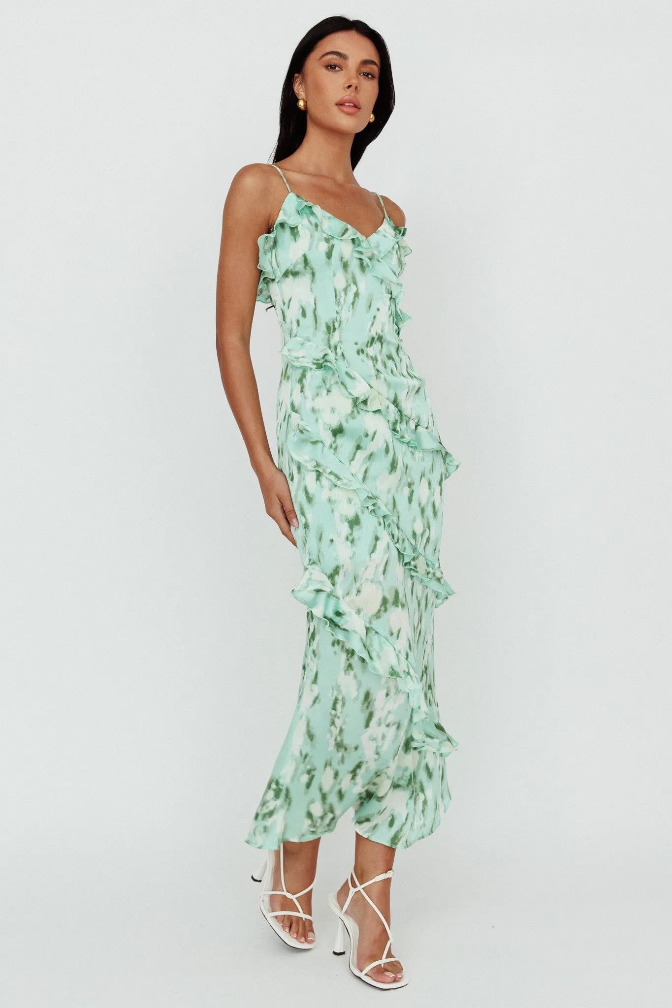 Silvana Frill Trim Midi Dress Print Green