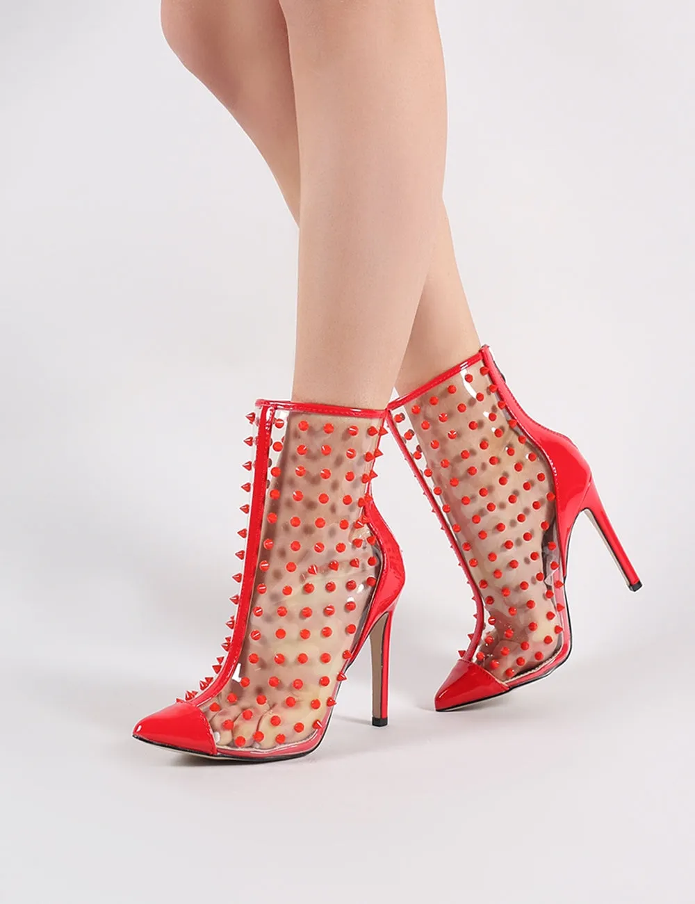 Spikey Pointed Clear Perspex Ankle Boots in Red