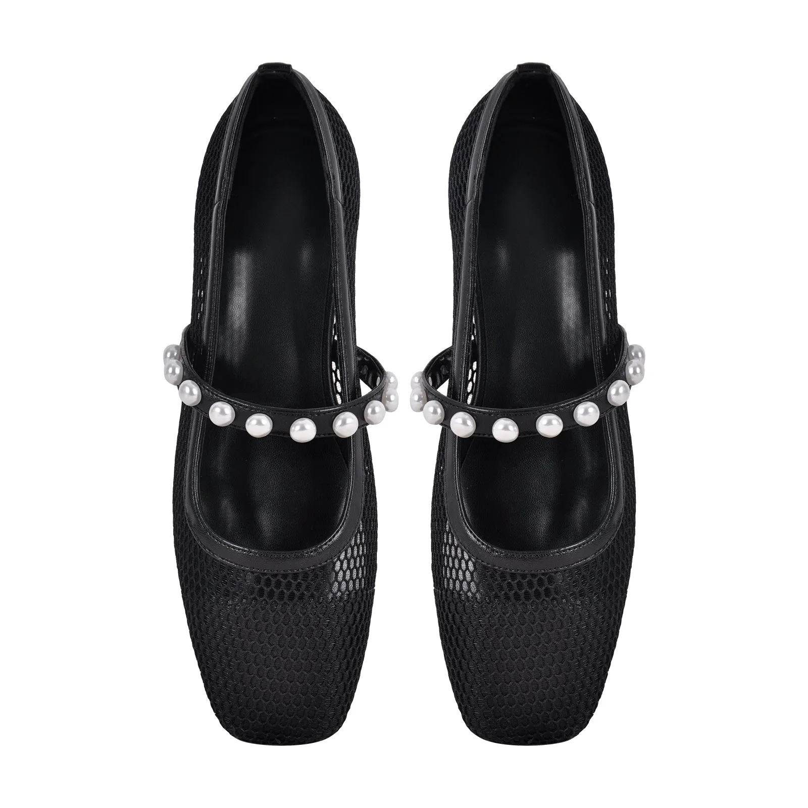 Square Toe Pearl Belt Mesh Flats