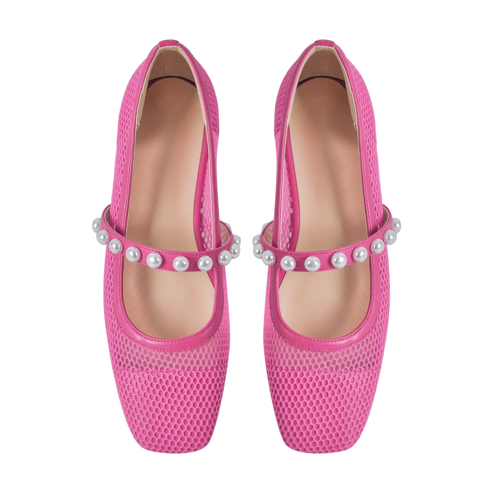 Square Toe Pearl Belt Mesh Flats