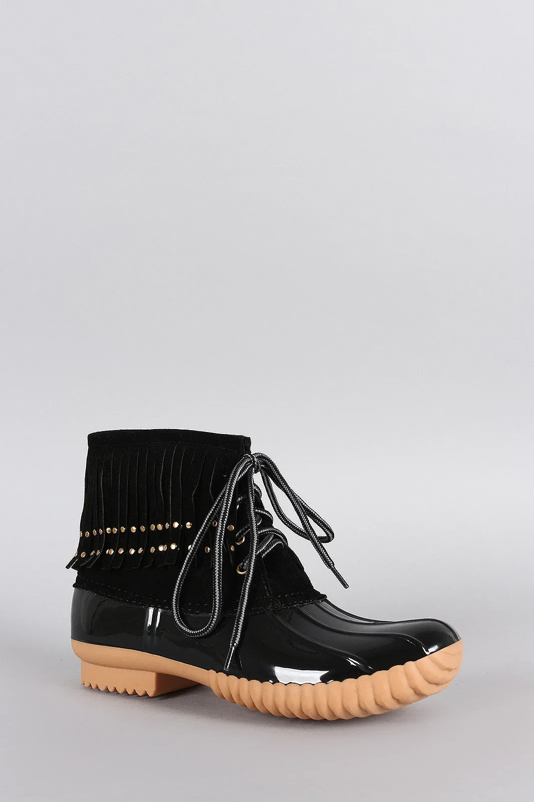 Studded Fringe Cuff Lace Up Duck Ankle Boots