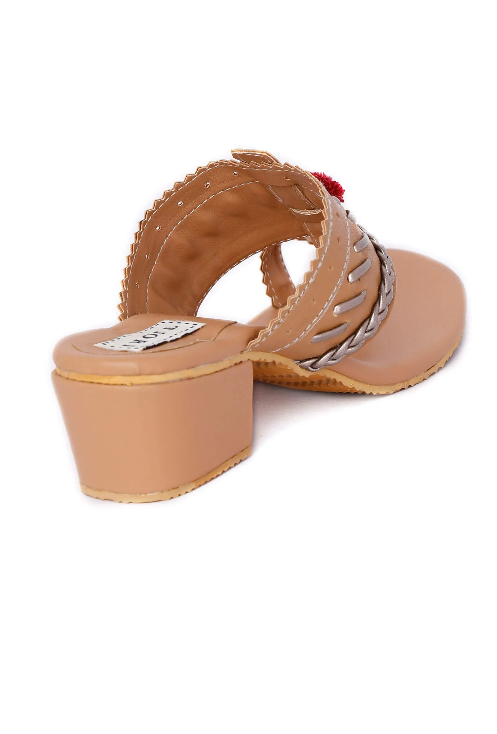 Tan and Silver Cruelty Free Leather Heels with Pom Poms