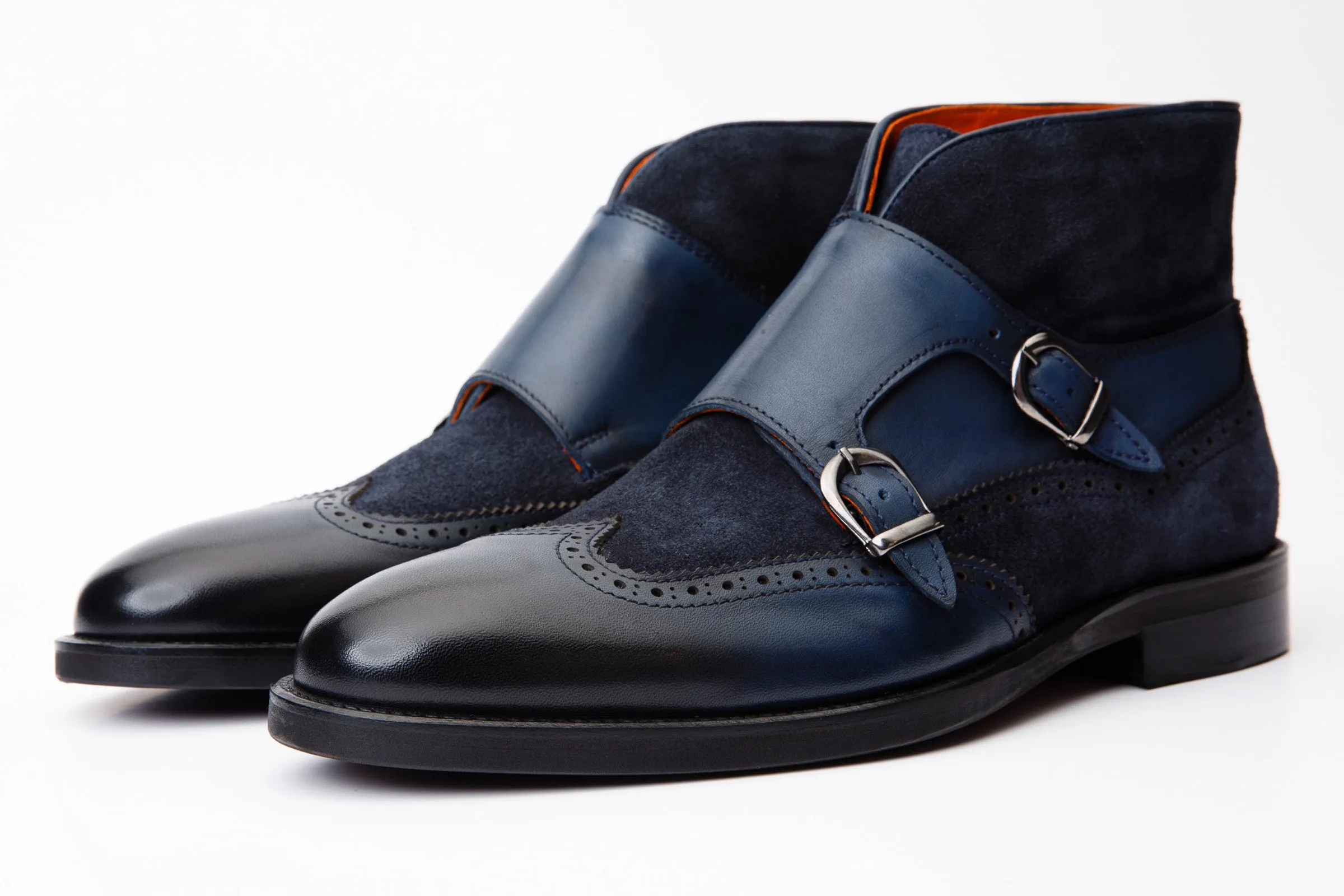 The Albus Navy Blue Leather & Suede Double Strap Monk Brogue Men Boot