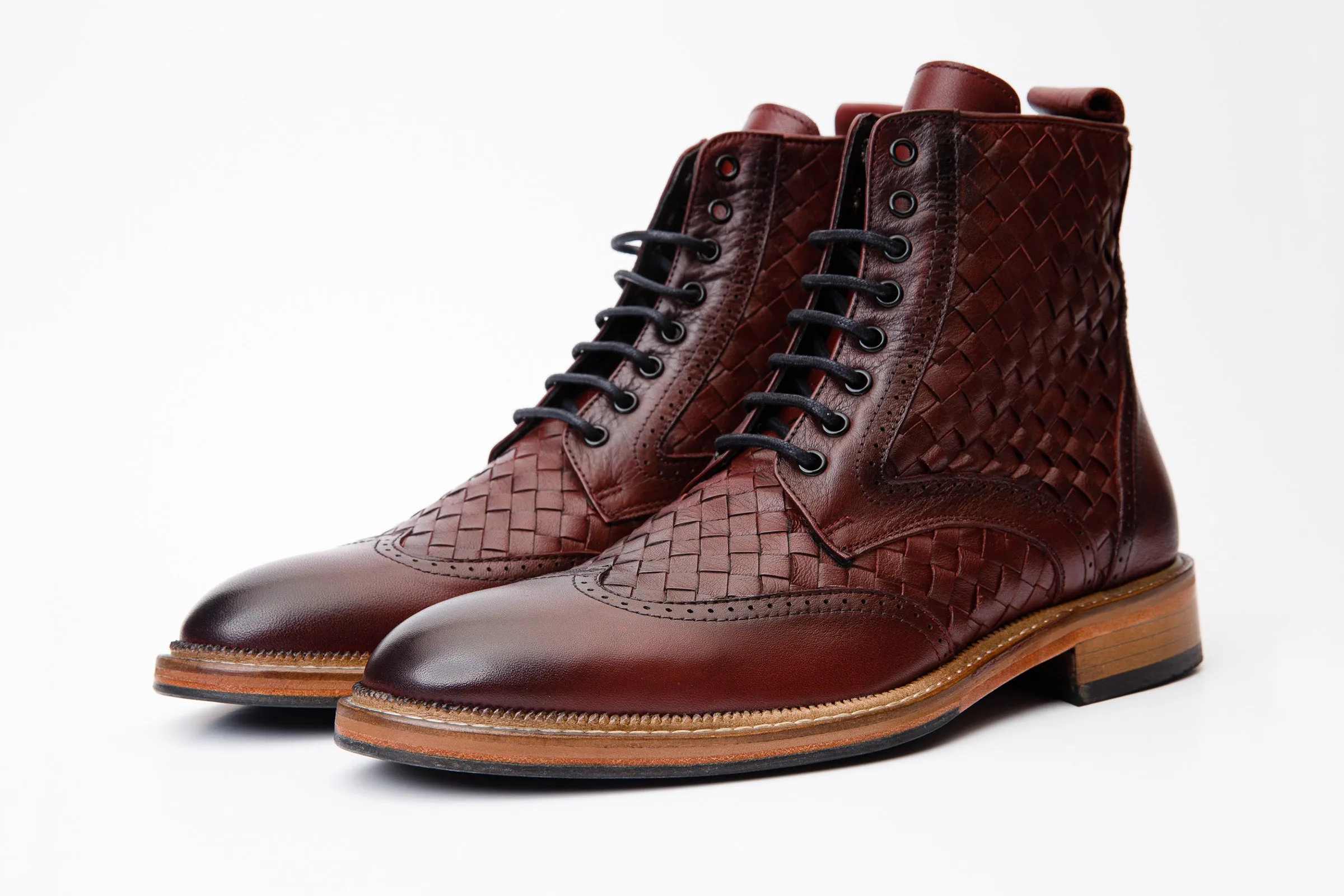 The Loddon Burgundy Leather Wingtip Brogue Handwoven Lace-Up Men Boot with a Zipper