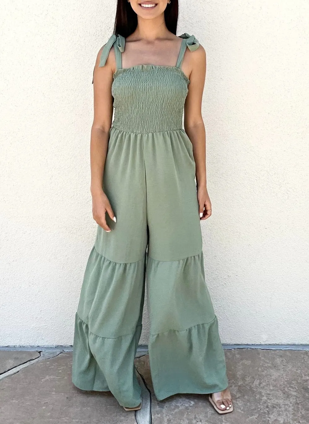 Tie Shoulder Tiered Jumpsuit