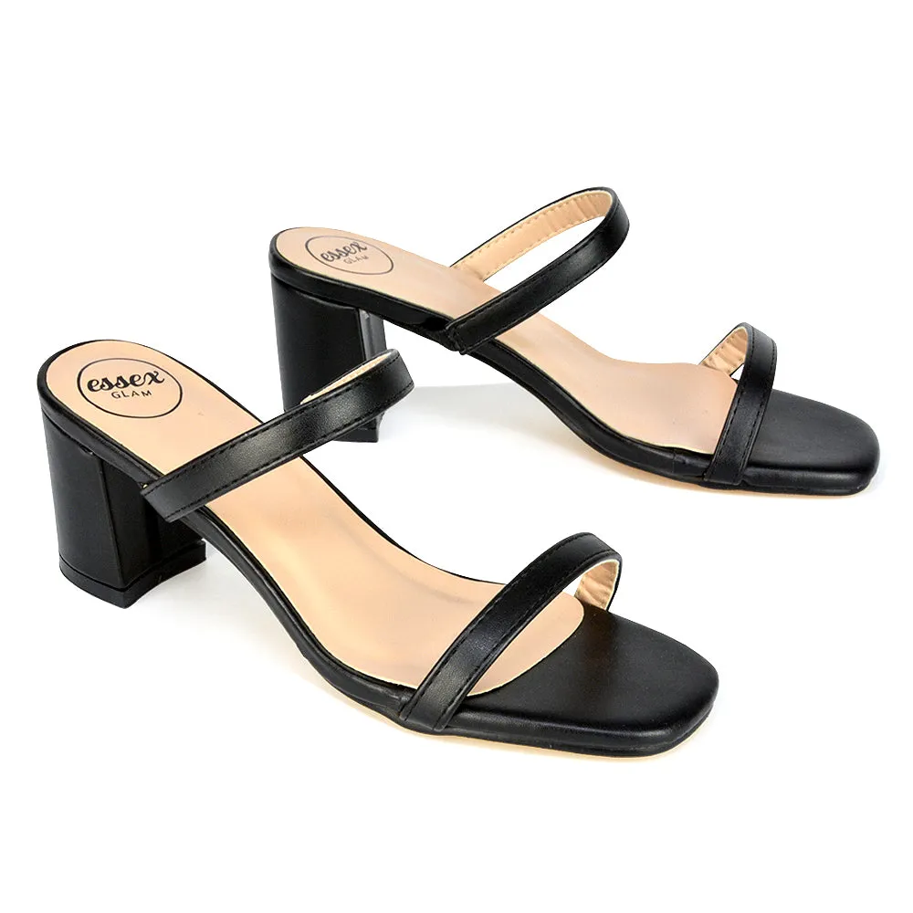 Tiff Double Strap Square Toe Slip On Low Mid Block High Heel Mule Sandals in Black Synthetic Leather