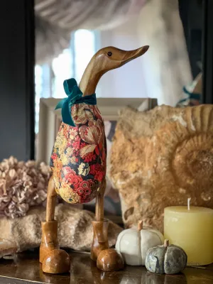 Tula, floral, rich and opulent with gold leaf Decorated Wooden Duck in Boots by Mrs H the Duck Lady