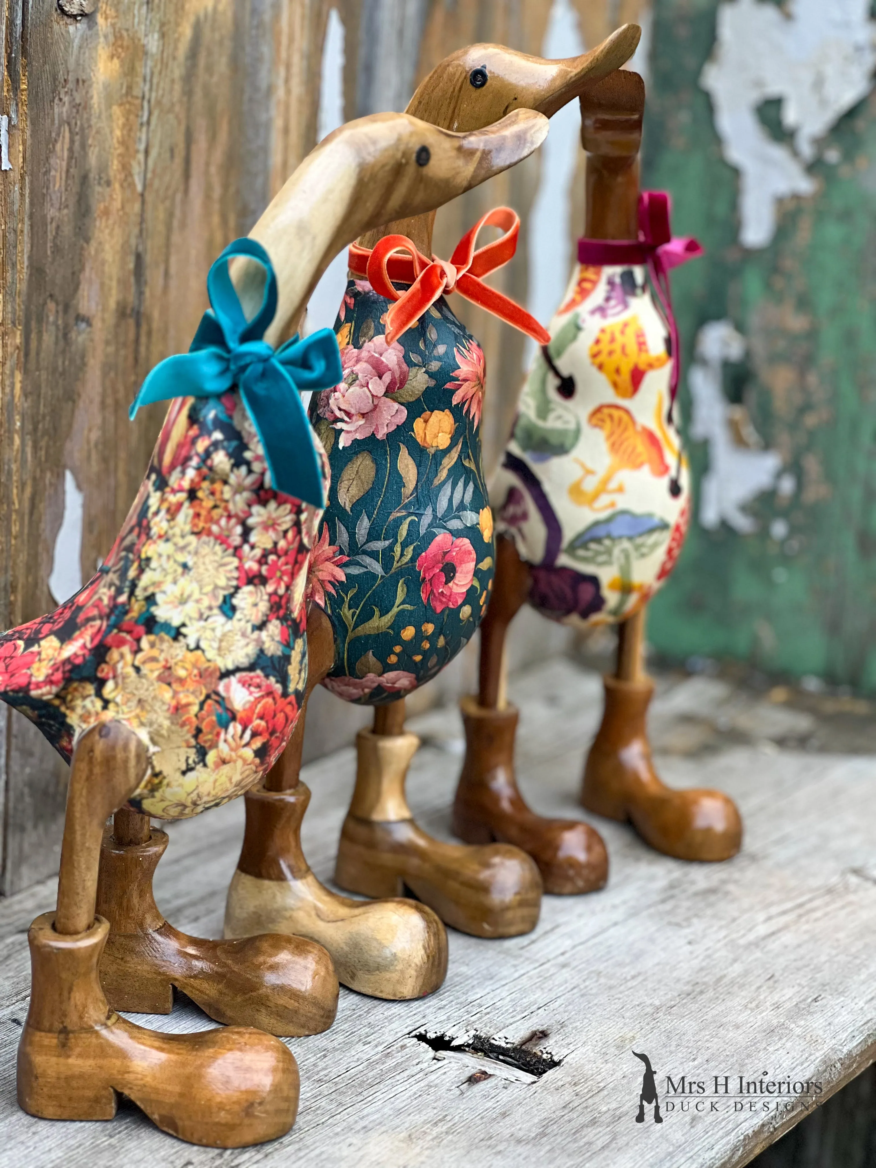 Tula, floral, rich and opulent with gold leaf Decorated Wooden Duck in Boots by Mrs H the Duck Lady