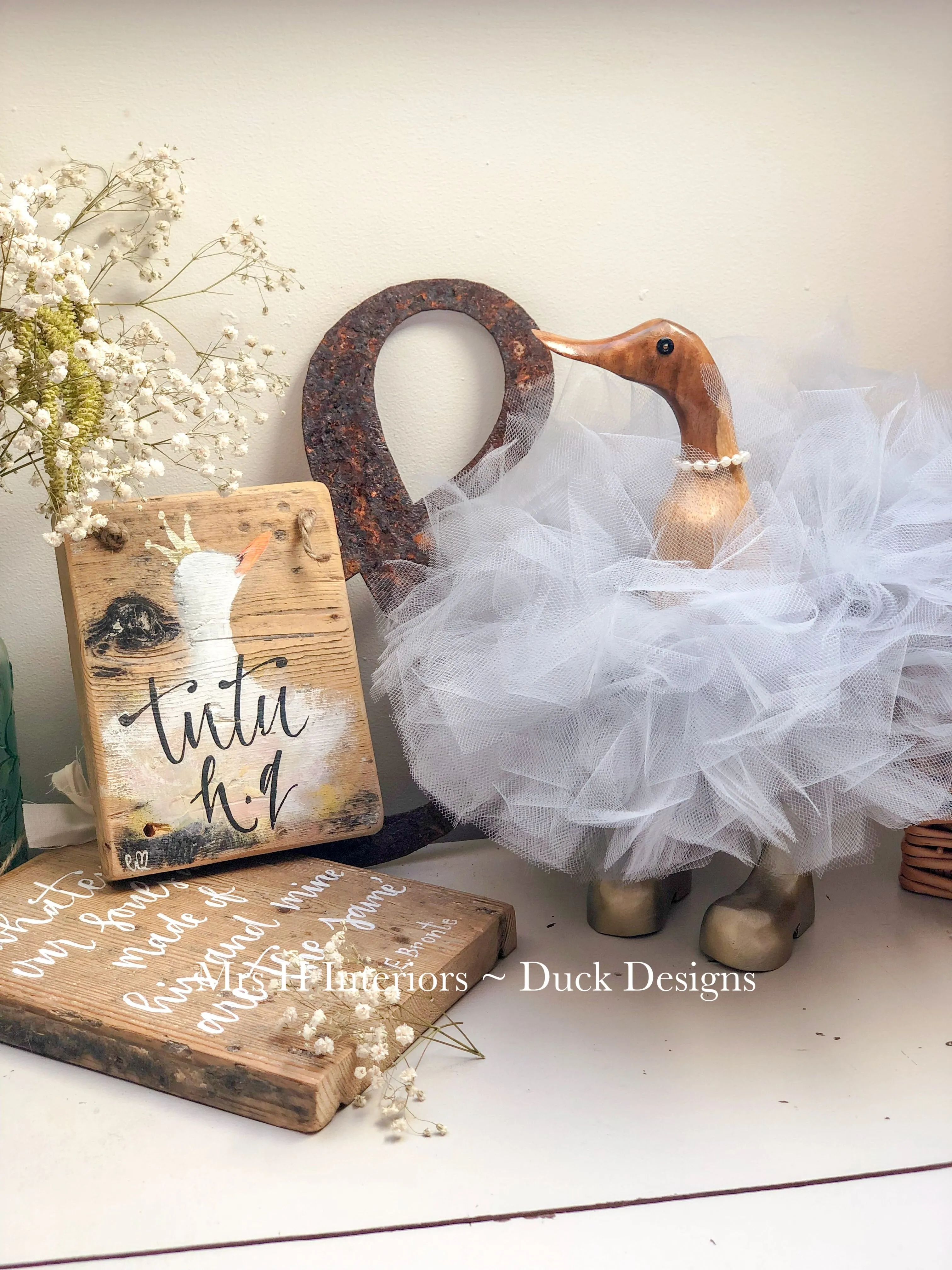 Tutu and pearls - Decorated Wooden Duck in Boots by Mrs H the Duck Lady