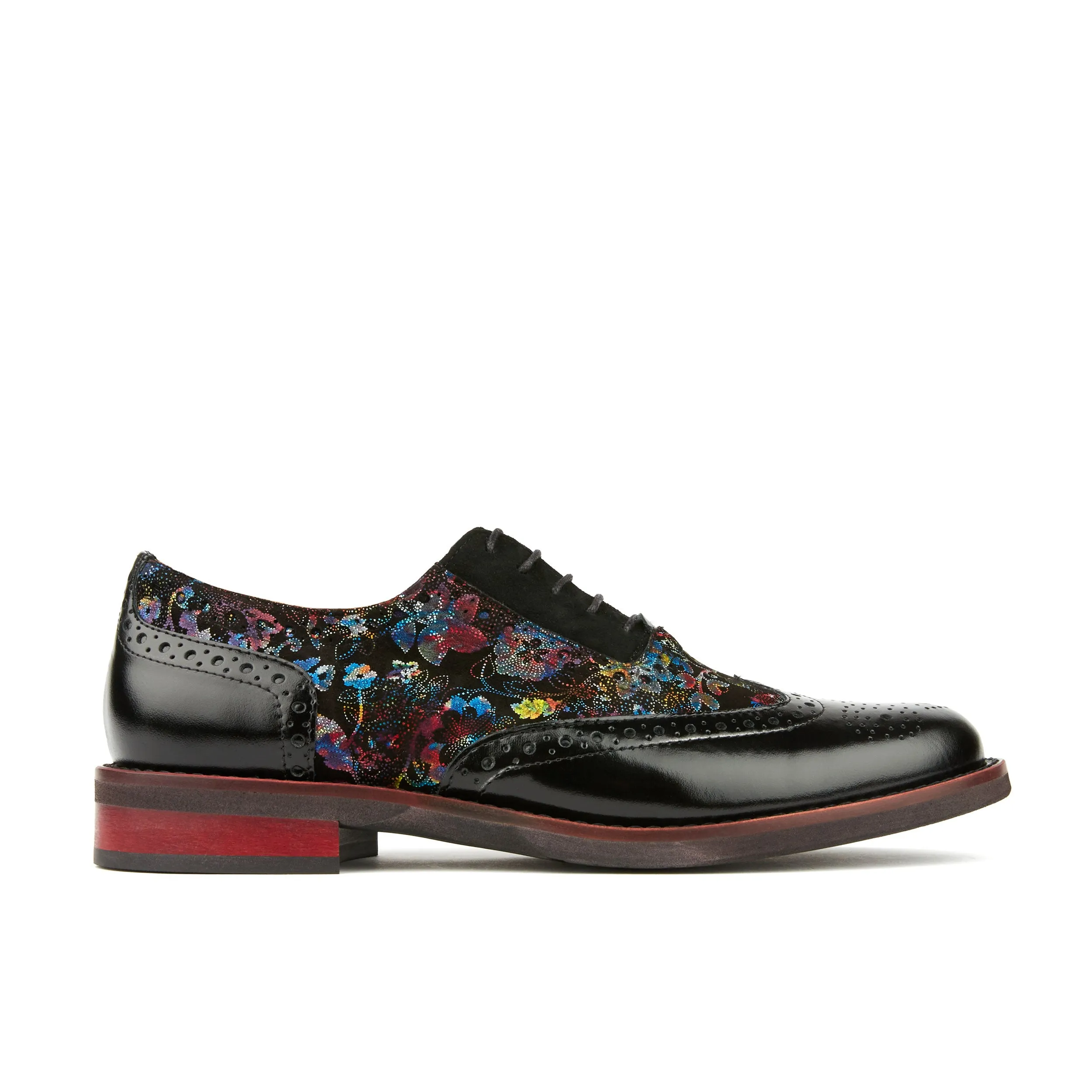 Vivienne - Black Flower - Women's almond toe lace up leather oxfords with broguing