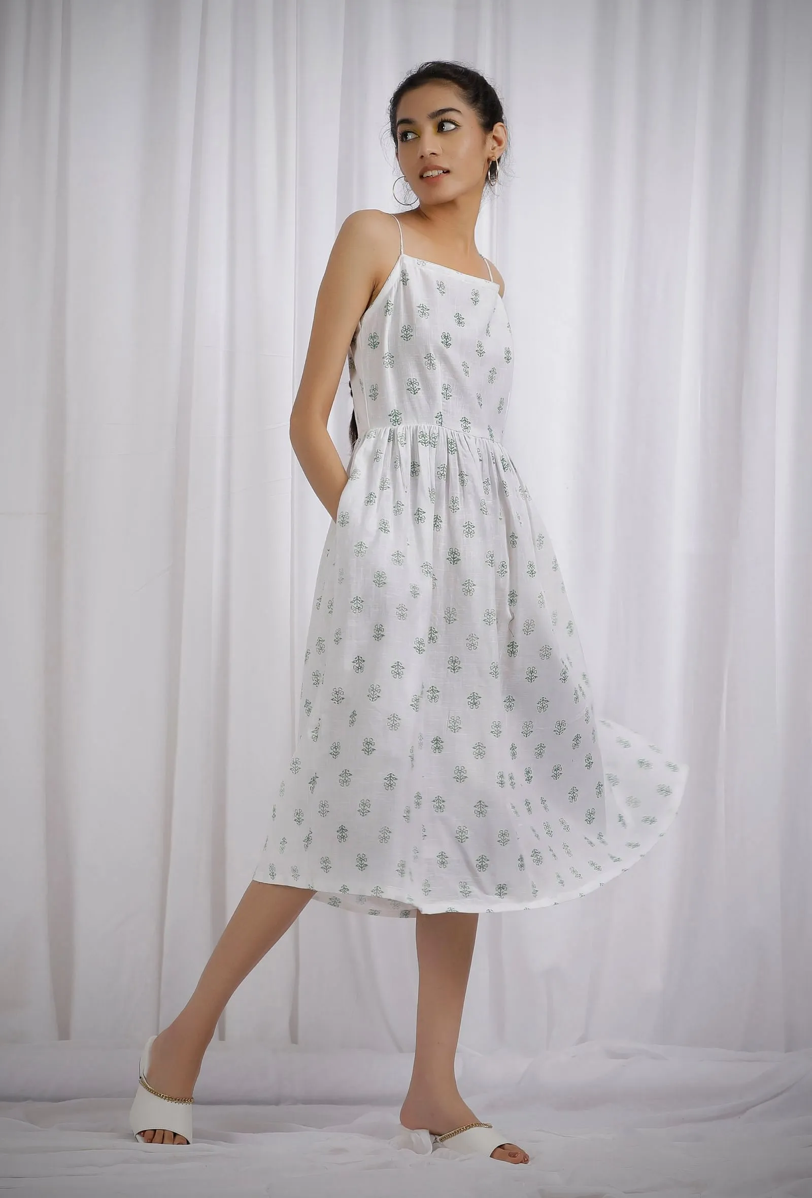 White and Green Block Printed Cotton Slub Flared Dress