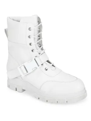 White PU Lace Up Side Buckle Boots