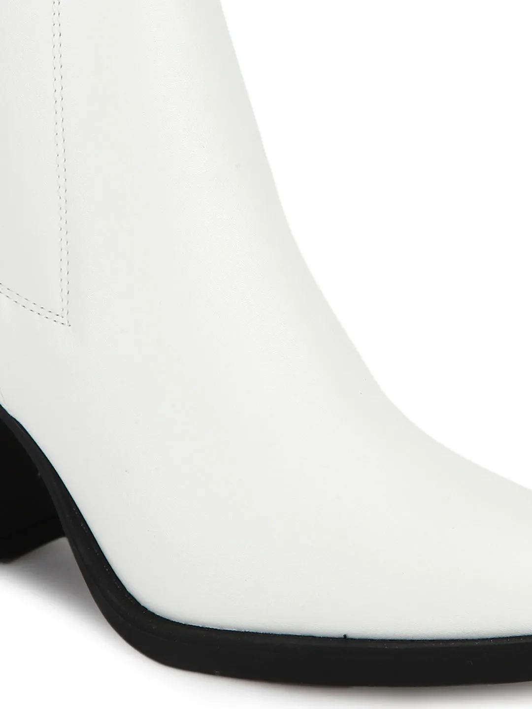 White PU Low Block Heel Ankle Boots