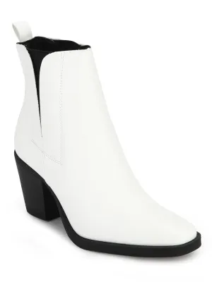 White PU Low Block Heel Ankle Boots