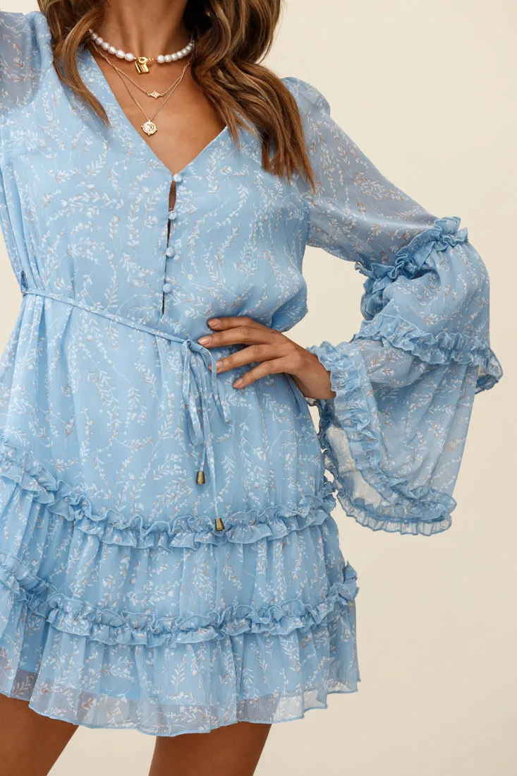 Winslet Long Sleeve Placket Bust Frill Detail Dress Floral Print Blue