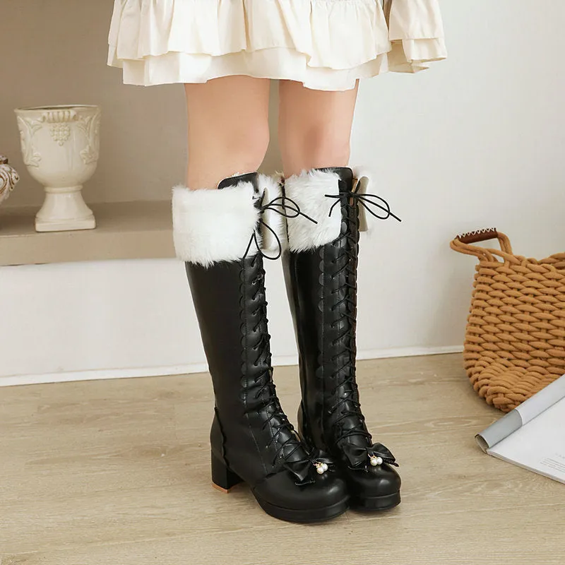 Women chunky heel platform bowknot lace up knee high boots