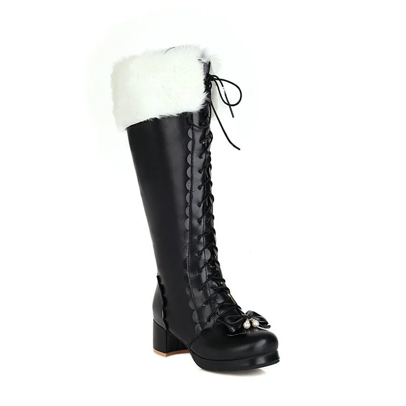 Women chunky heel platform bowknot lace up knee high boots