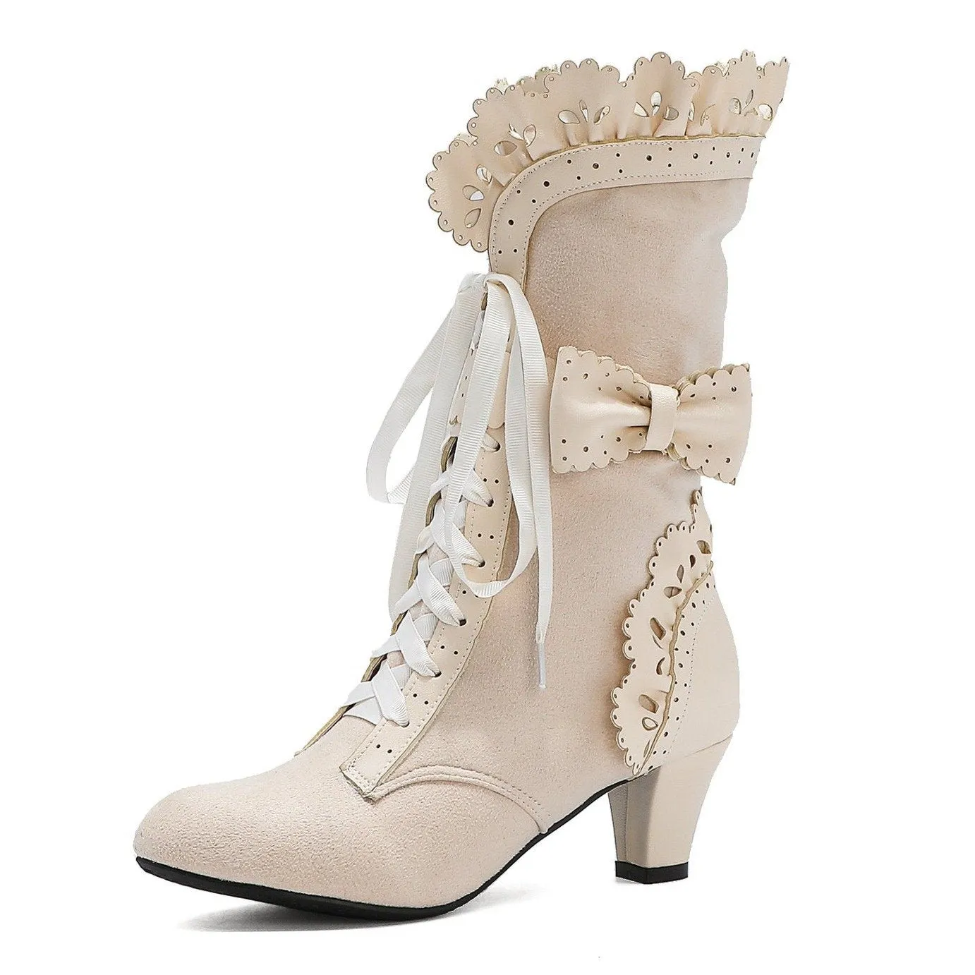 Women cute bowknot hollow flower lace up chunky heel mid calf boots