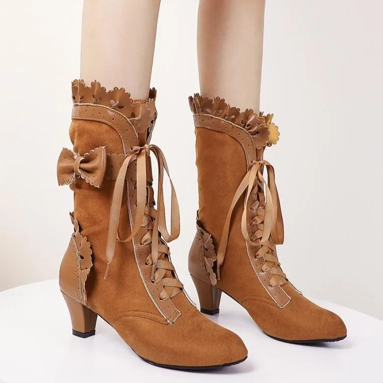 Women cute bowknot hollow flower lace up chunky heel mid calf boots