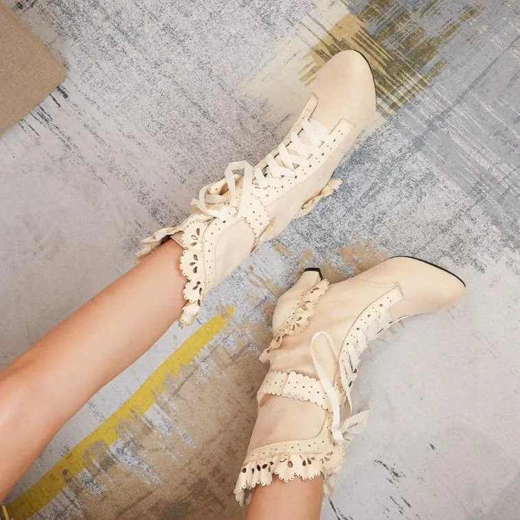 Women cute bowknot hollow flower lace up chunky heel mid calf boots