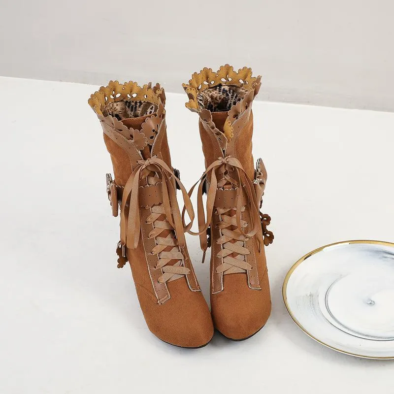 Women cute bowknot hollow flower lace up chunky heel mid calf boots